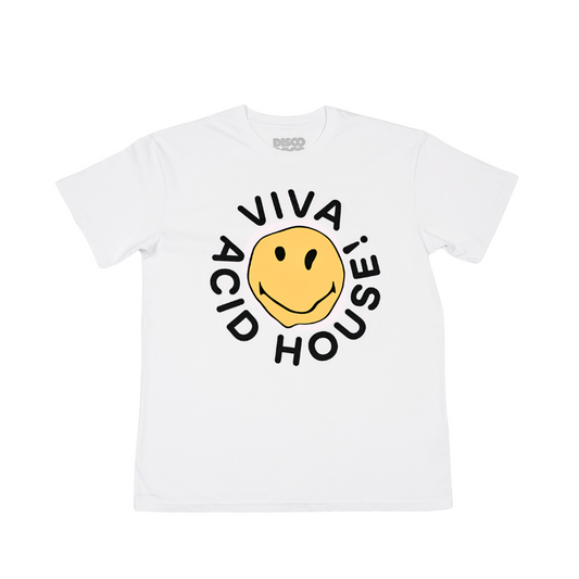 White t-shirt with a smiley face and text on a white background